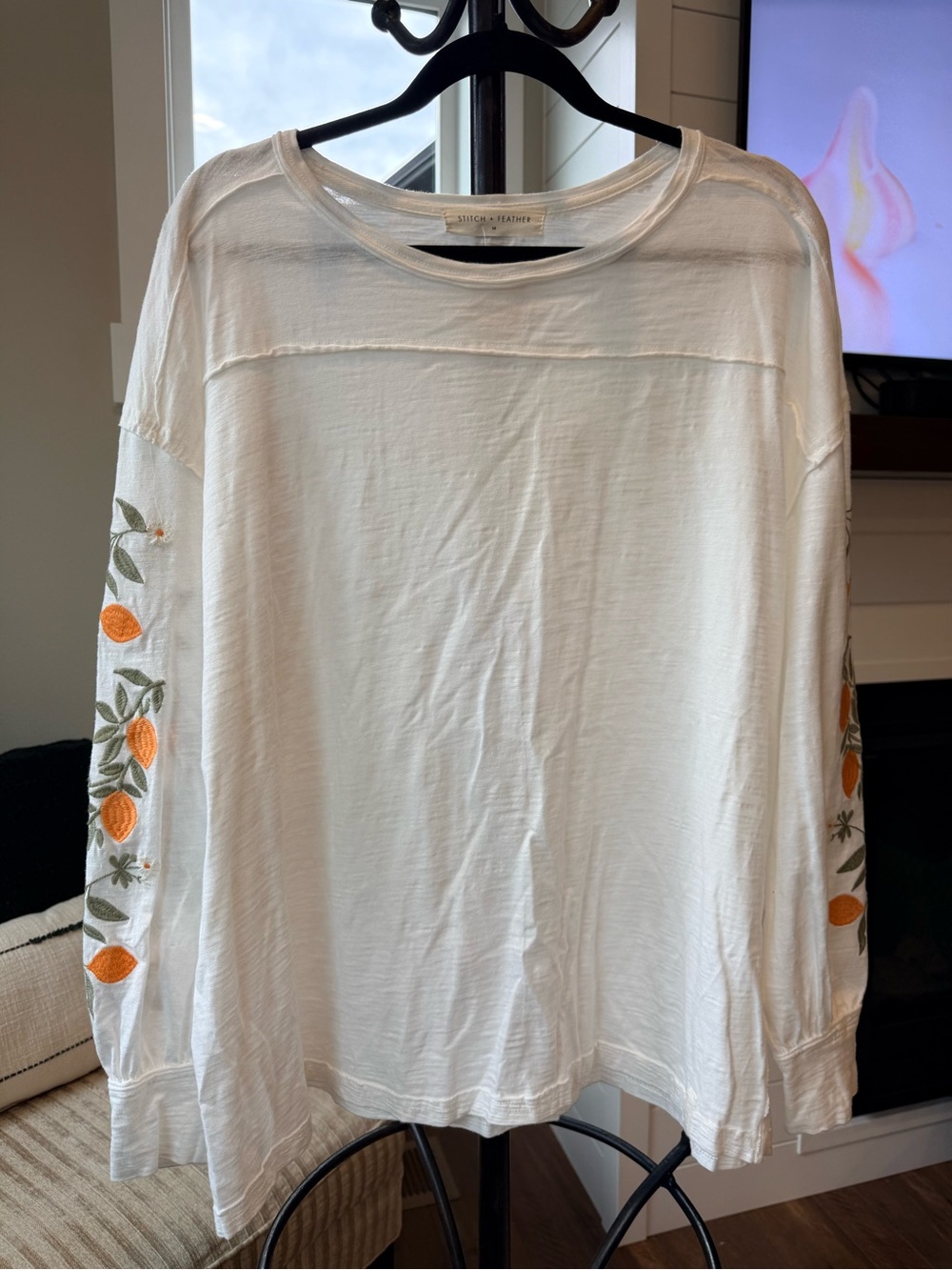 Stitch + Feather Luxe White Long-Sleeve Top with detailed Embroidery on sleeves